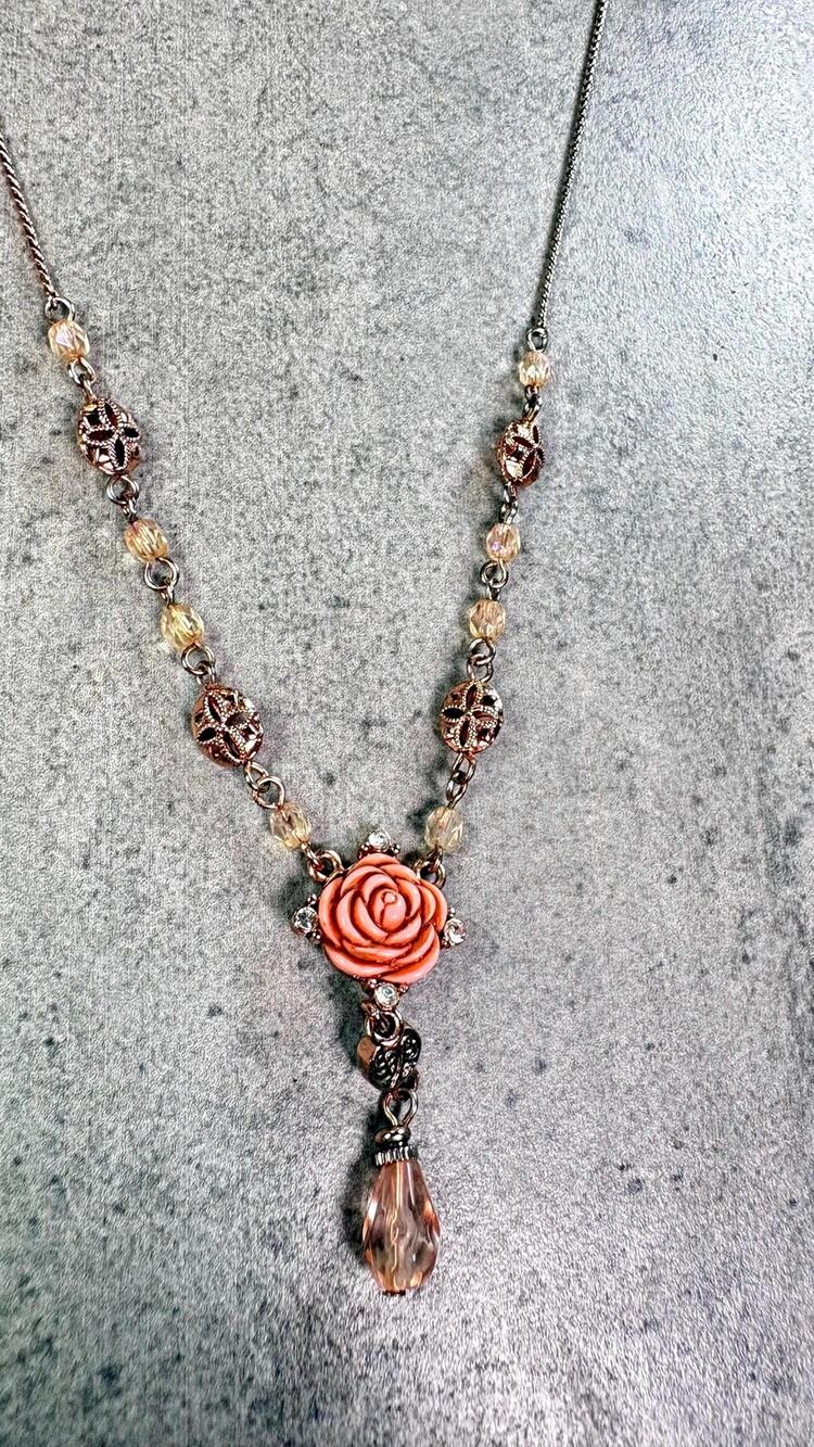 1928 Jewelry Pink Rose Y-Drop Necklace, Victorian Romantic Floral Resin Choker